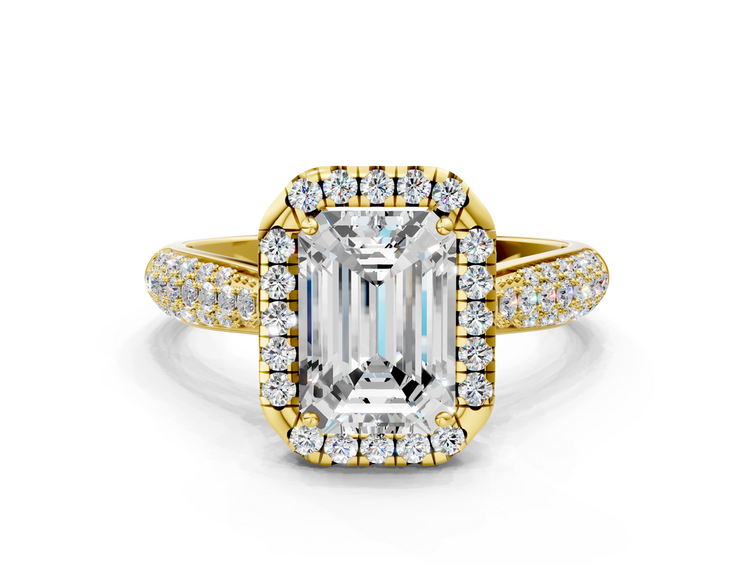 Yellow gold Emerald Cut Halo Pave Band Four-Prong Setting Ring_37