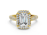 Yellow gold Emerald Cut Halo Pave Band Four-Prong Setting Ring_37