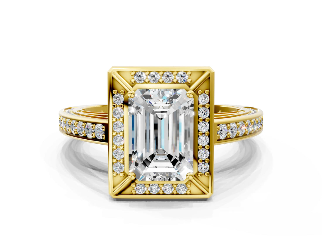 Yellow gold Emerald Cut Halo Pave Split Shank Prong Setting Ring_44