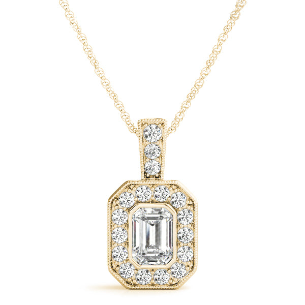 Yellow gold Emerald Cut Halo Pendant with Milgrain Detail