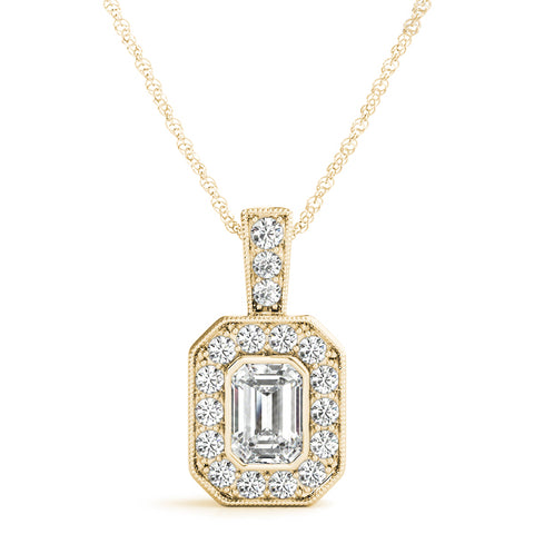Yellow gold Emerald Cut Halo Pendant with Milgrain Detail