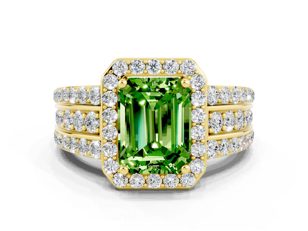 Yellow gold Emerald Cut Halo Peridot Ring with Round  Split Shank and Prong Setting
