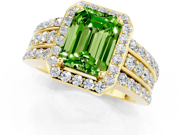 Yellow gold Emerald Cut Halo Peridot Ring with Round  Split Shank and Prong Setting