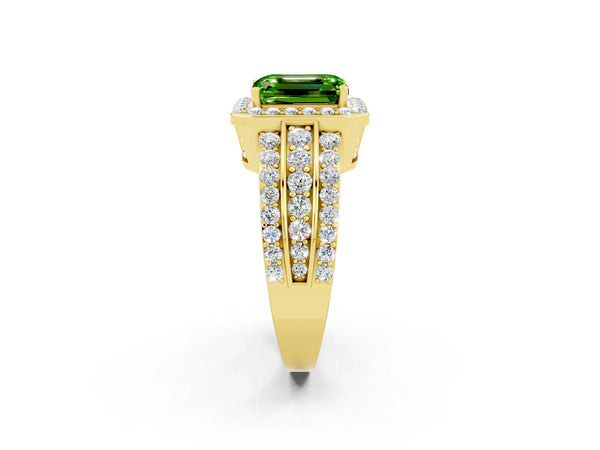 Yellow gold Emerald Cut Halo Peridot Ring with Round  Split Shank and Prong Setting
