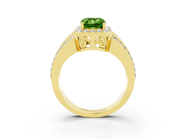 Yellow gold Emerald Cut Halo Peridot Ring with Round  Split Shank and Prong Setting