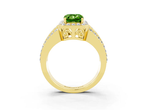 Yellow gold Emerald Cut Halo Peridot Ring with Split Shank and Four-Prong Setting_3