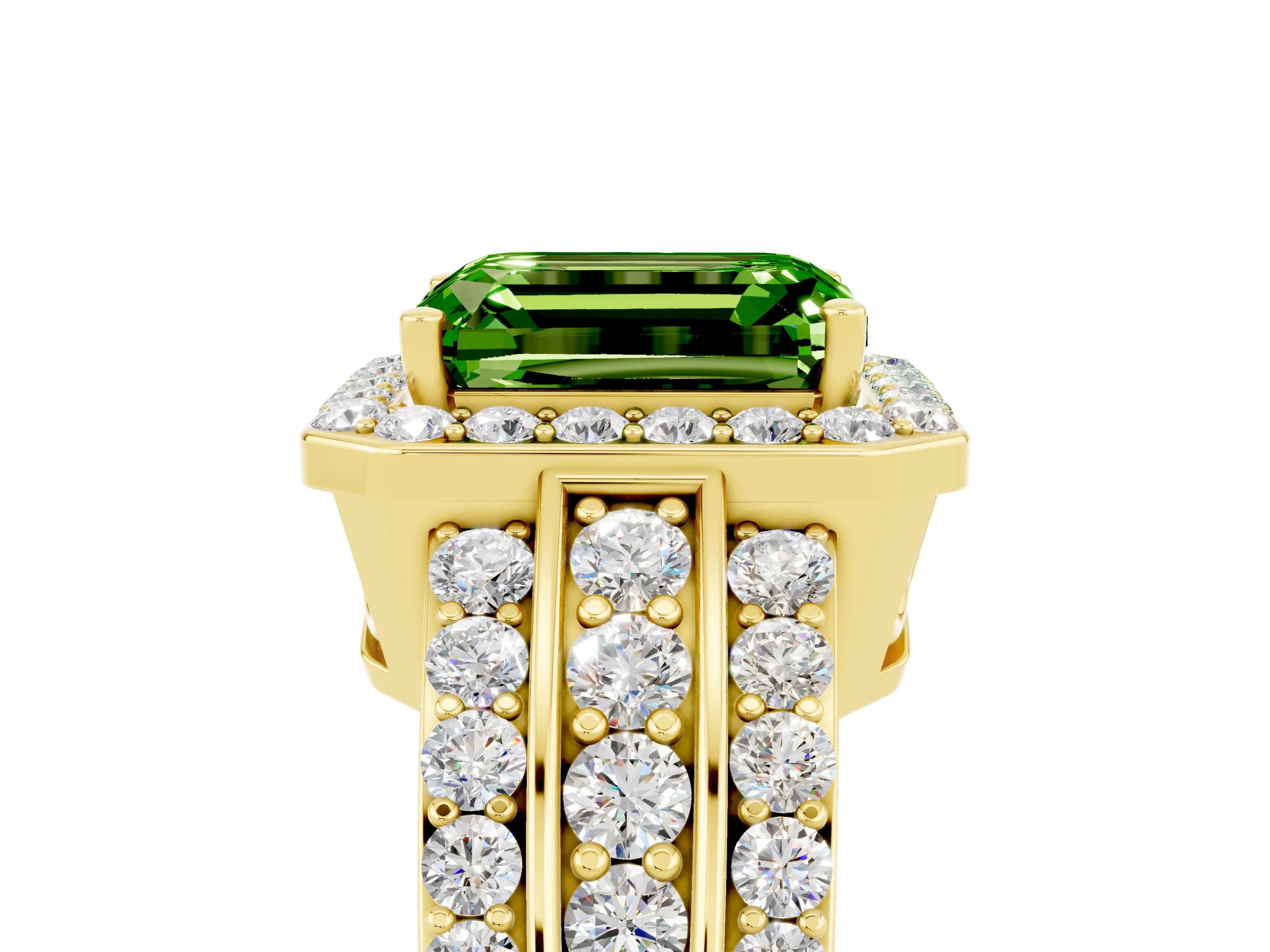 Yellow gold Emerald Cut Halo Peridot Ring with Split Shank and Four-Prong Setting_5