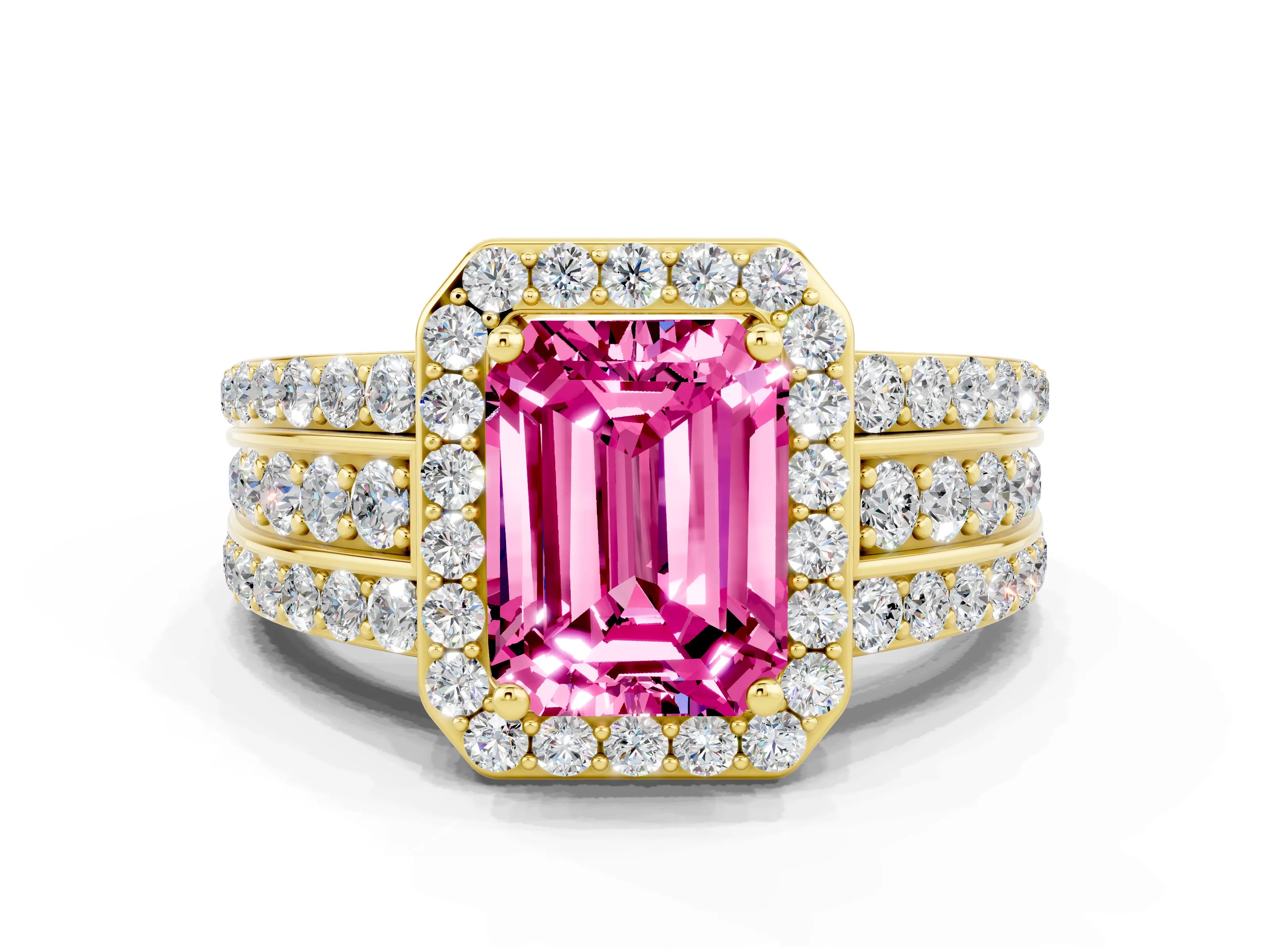 Yellow gold Emerald Cut Halo Pink Sapphire Ring with Split Shank and Four-Prong Setting_24