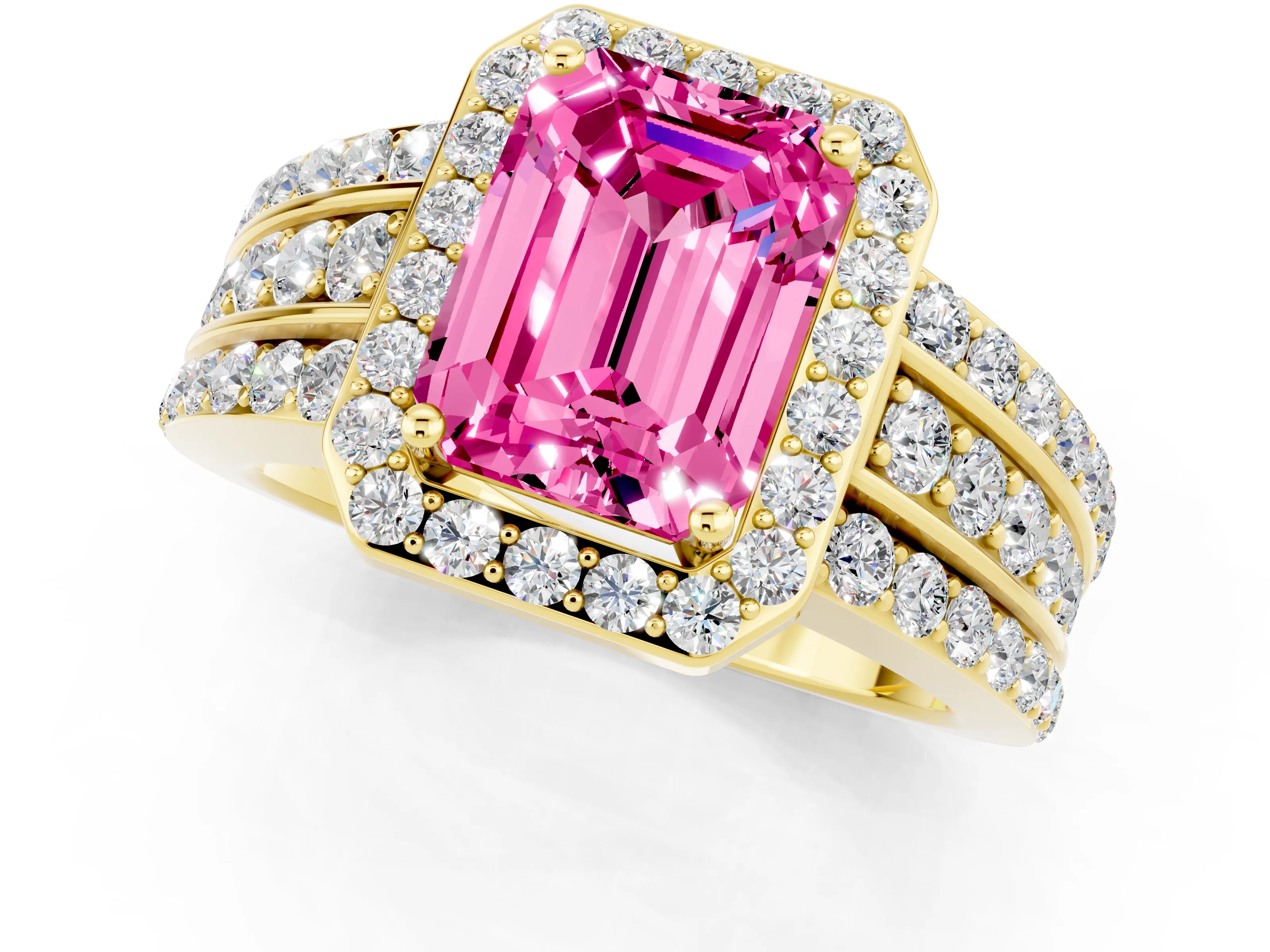 Yellow gold Emerald Cut Halo Pink Sapphire Ring with Split Shank and Four-Prong Setting_25
