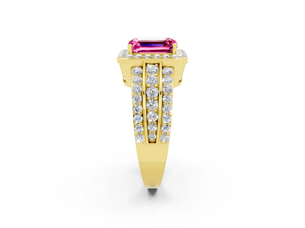 Yellow gold Emerald Cut Halo Pink Sapphire Ring with Round  Split Shank and Prong Setting