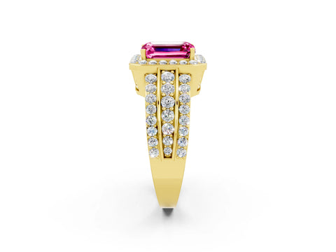Yellow gold Emerald Cut Halo Pink Sapphire Ring with Split Shank and Four-Prong Setting_26