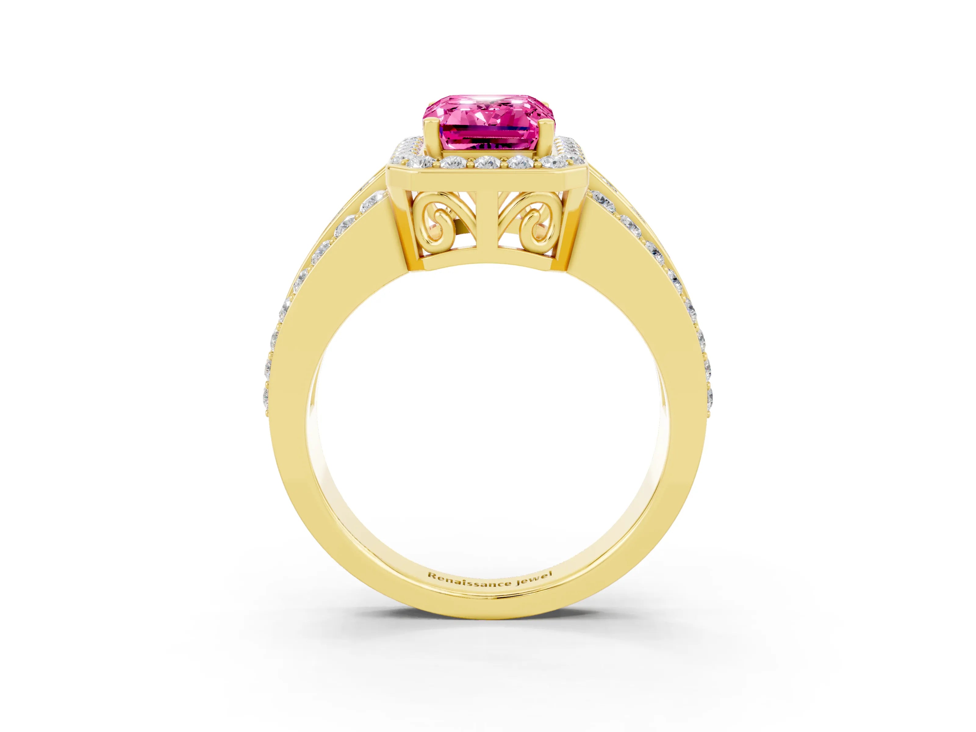 Yellow gold Emerald Cut Halo Pink Sapphire Ring with Split Shank and Four-Prong Setting_27