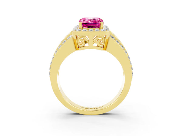Yellow gold Emerald Cut Halo Pink Sapphire Ring with Round  Split Shank and Prong Setting