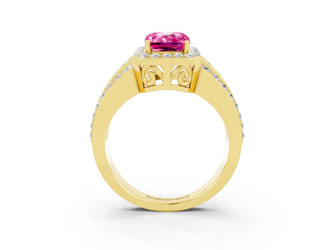 Yellow gold Emerald Cut Halo Pink Sapphire Ring with Split Shank and Four-Prong Setting_27