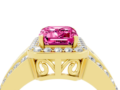 Yellow gold Emerald Cut Halo Pink Sapphire Ring with Split Shank and Four-Prong Setting_28