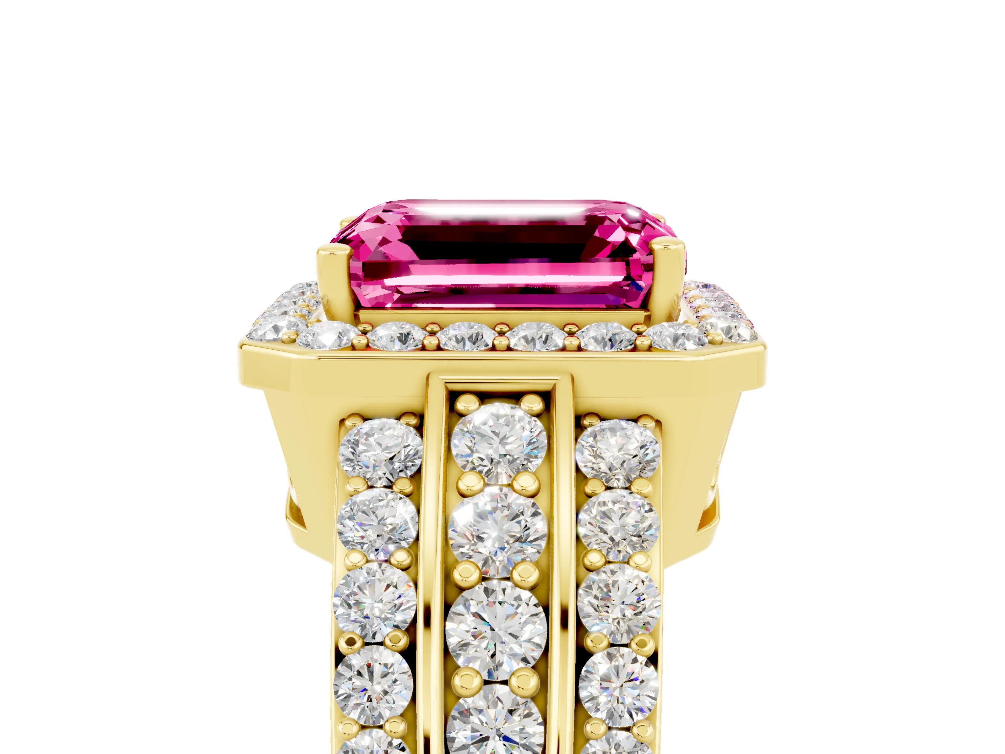 Yellow gold Emerald Cut Halo Pink Sapphire Ring with Split Shank and Four-Prong Setting_29