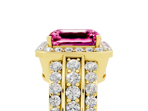 Yellow gold Emerald Cut Halo Pink Sapphire Ring with Split Shank and Four-Prong Setting_29