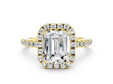 Yellow gold Emerald Cut Halo Round Diamond Pavé Band Four-Prong Ring