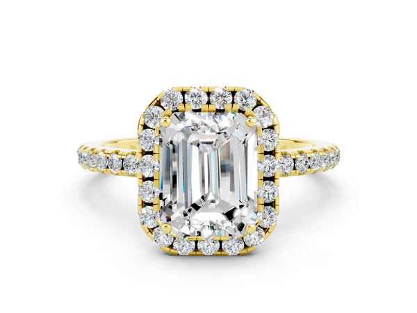 Yellow gold Emerald Cut Moissanite Halo Ring with Round Pavé Band and Prong Setting
