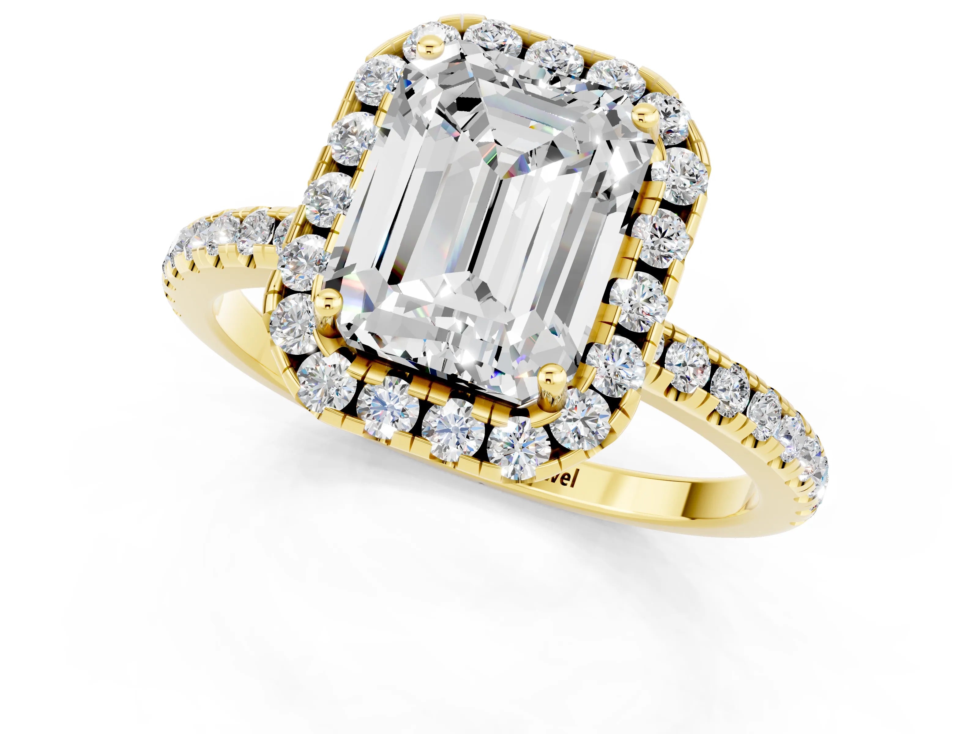Yellow gold Emerald Cut Halo Round Diamond Pavé Band Four-Prong Ring_1