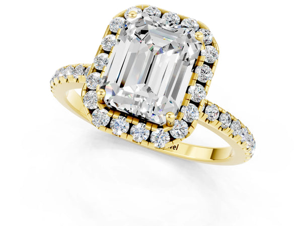 Yellow gold Emerald Cut Moissanite Halo Ring with Round Pavé Band and Prong Setting
