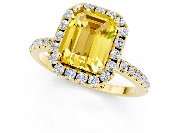 Yellow gold Emerald Cut Yellow Sapphire Halo Ring with Round Pavé Band and Prong Setting