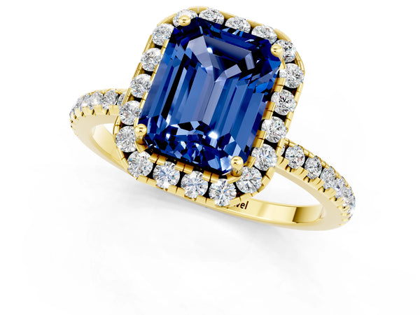 Yellow gold Emerald Cut Blue Sapphire Halo Ring with Round Pavé Band and Prong Setting