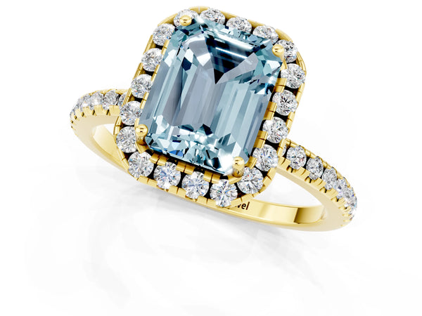 Yellow gold Emerald Cut Aquamarine Halo Ring with Round Pavé Band and Prong Setting