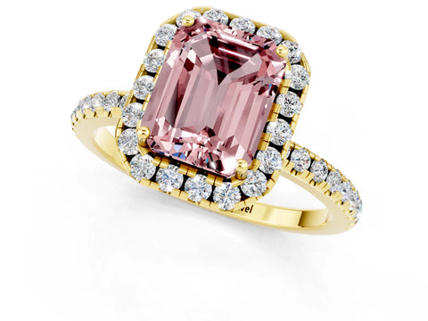 Yellow gold Emerald Cut Halo Round Diamond Pavé Band Four-Prong Ring_1