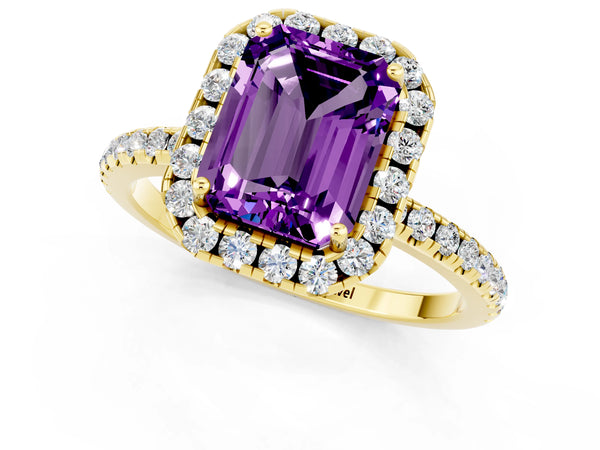 Yellow gold Emerald Cut Amethyst Halo Ring with Round Pavé Band and Prong Setting