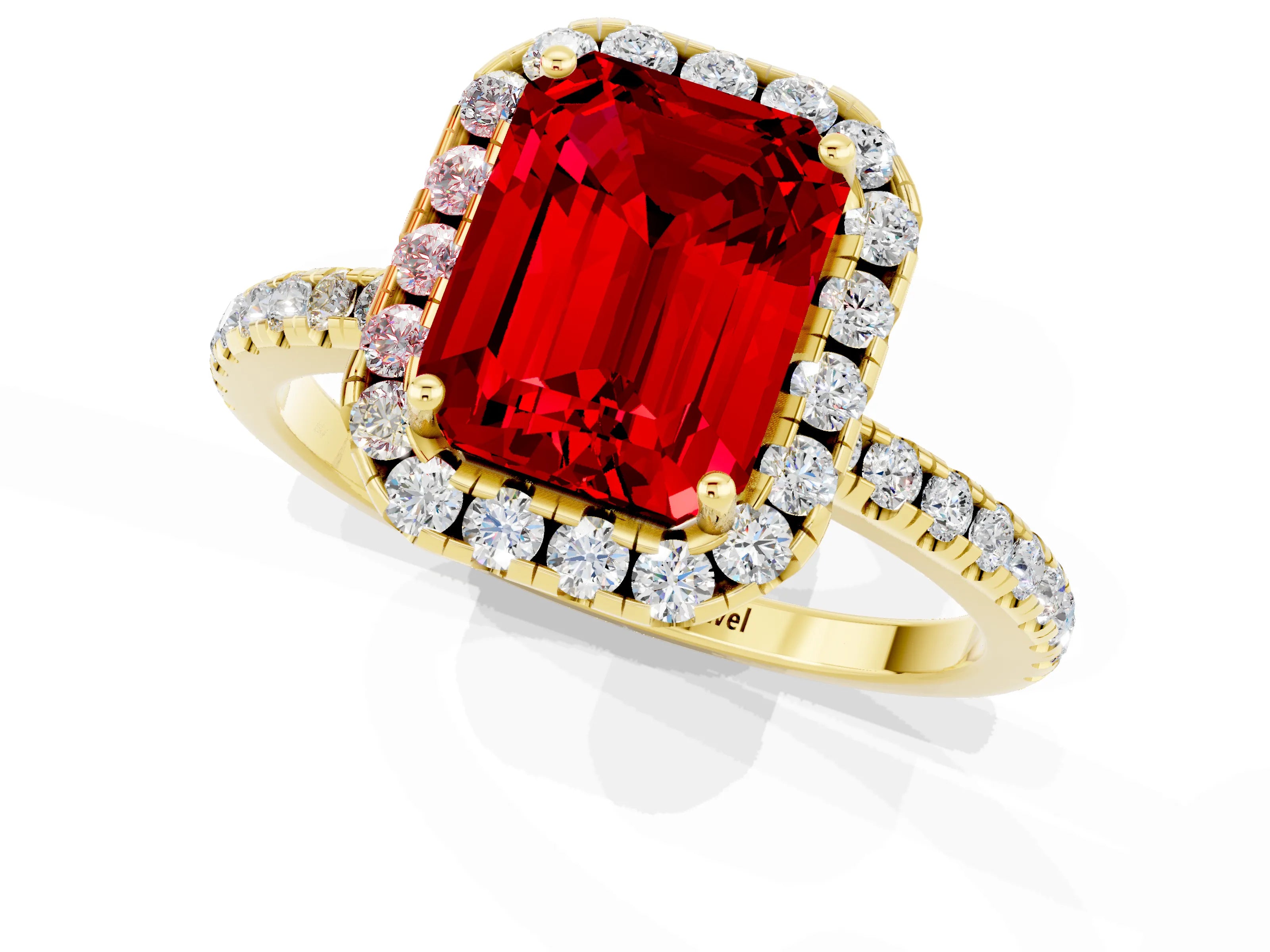 Yellow gold Emerald Cut Halo Round Diamond Pavé Band Four-Prong Ring_1