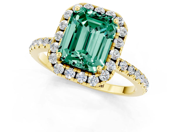 Yellow gold Emerald Cut Green Sapphire Halo Ring with Round Pavé Band and Prong Setting