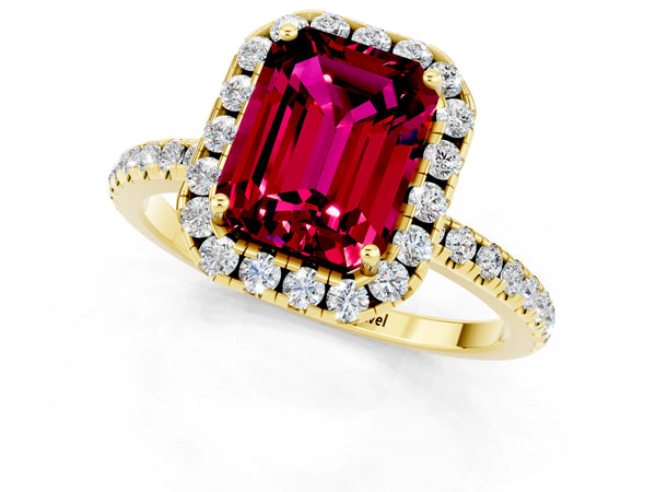 Yellow gold Emerald Cut Garnet Halo Ring with Round Pavé Band and Prong Setting