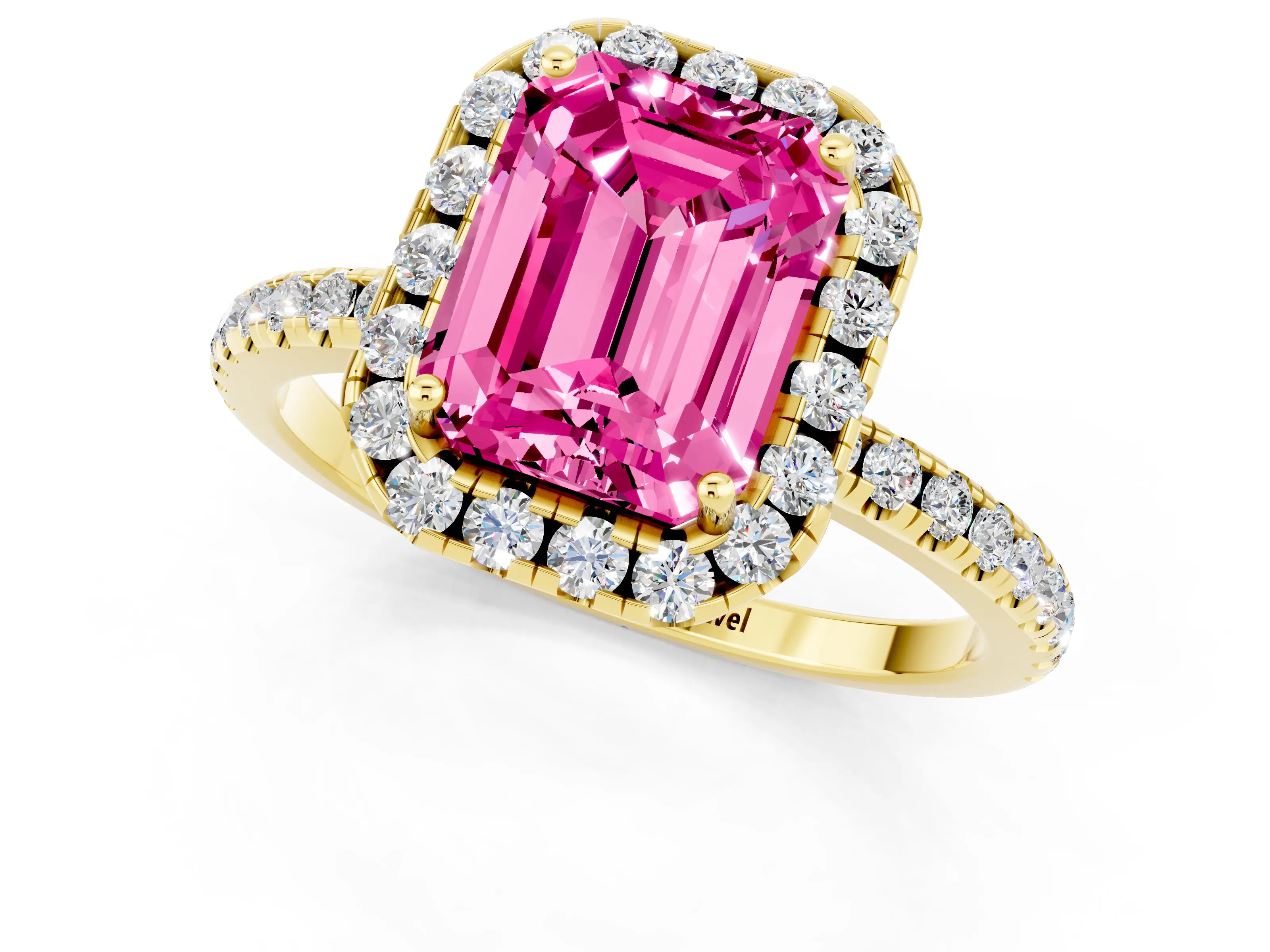 Yellow gold Emerald Cut Halo Round Diamond Pavé Band Four-Prong Ring_1