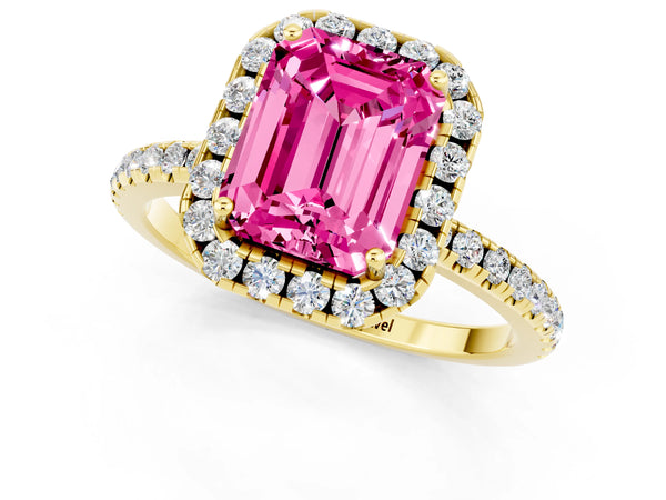 Yellow gold Emerald Cut Pink Sapphire Halo Ring with Round Pavé Band and Prong Setting
