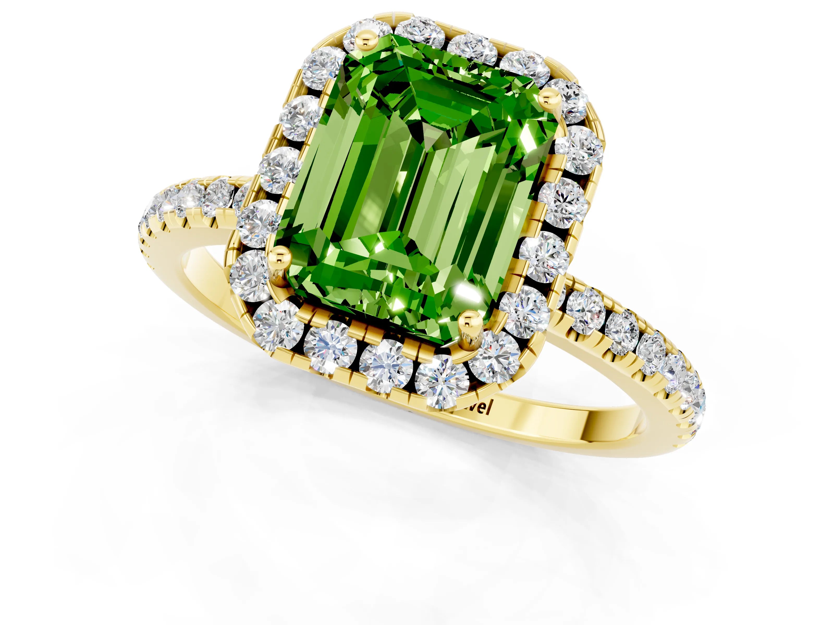 Yellow gold Emerald Cut Halo Round Diamond Pavé Band Four-Prong Ring_1