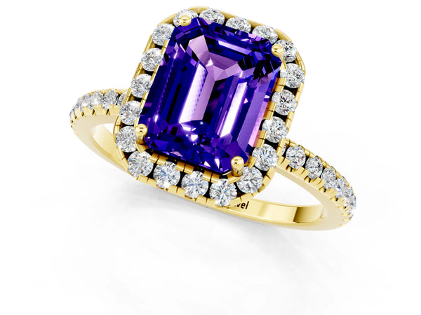 Yellow gold Emerald Cut Tanzanite Halo Ring with Round Pavé Band and Prong Setting