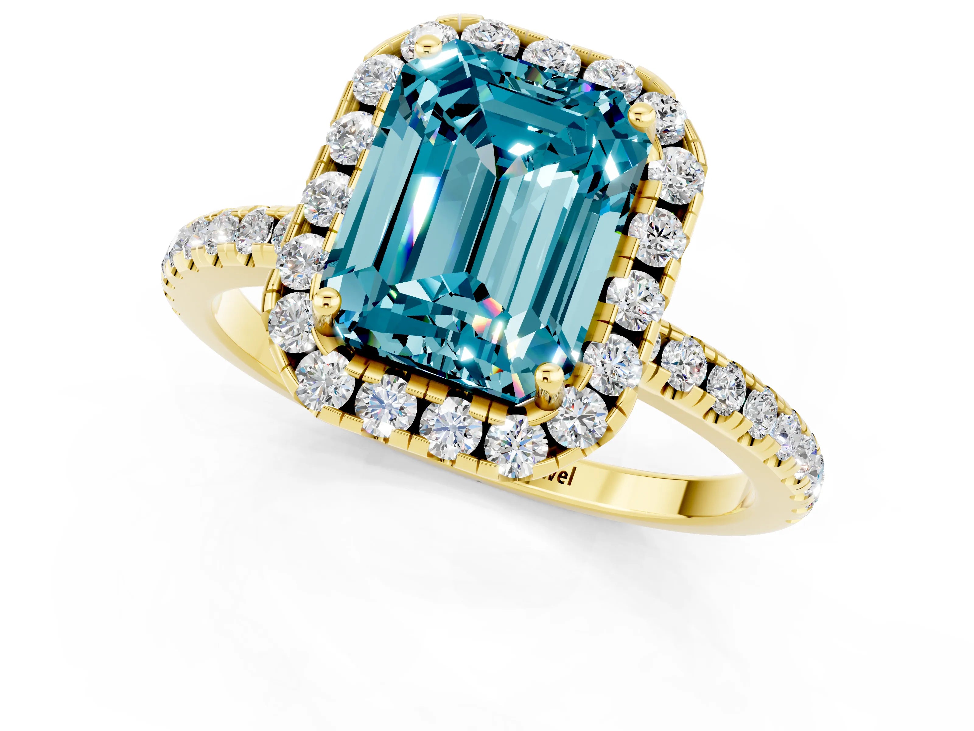 Yellow gold Emerald Cut Halo Round Diamond Pavé Band Four-Prong Ring_1