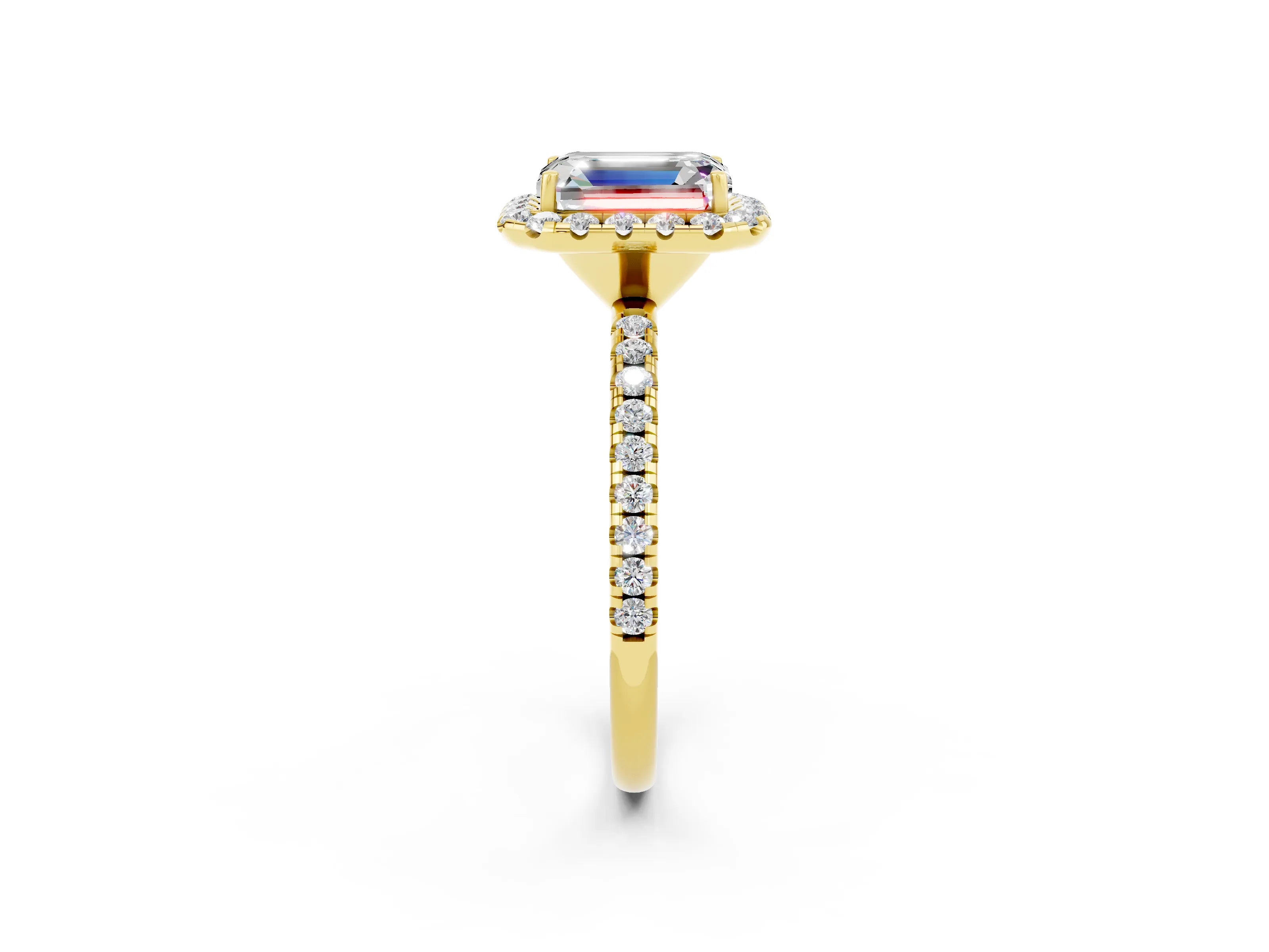 Yellow gold Emerald Cut Halo Round Diamond Pavé Band Four-Prong Ring_2