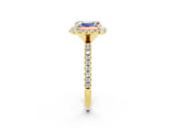 Yellow gold Emerald Cut Halo Round Diamond Pavé Band Four-Prong Ring_2