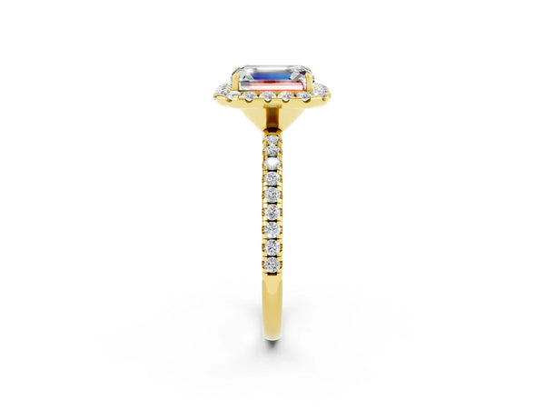 Yellow gold Emerald Cut Moissanite Halo Ring with Round Pavé Band and Prong Setting