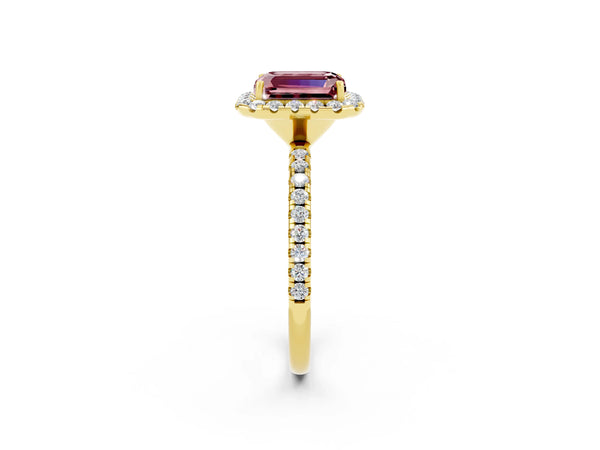 Yellow gold Emerald Cut Halo Round Diamond Pavé Band Four-Prong Ring