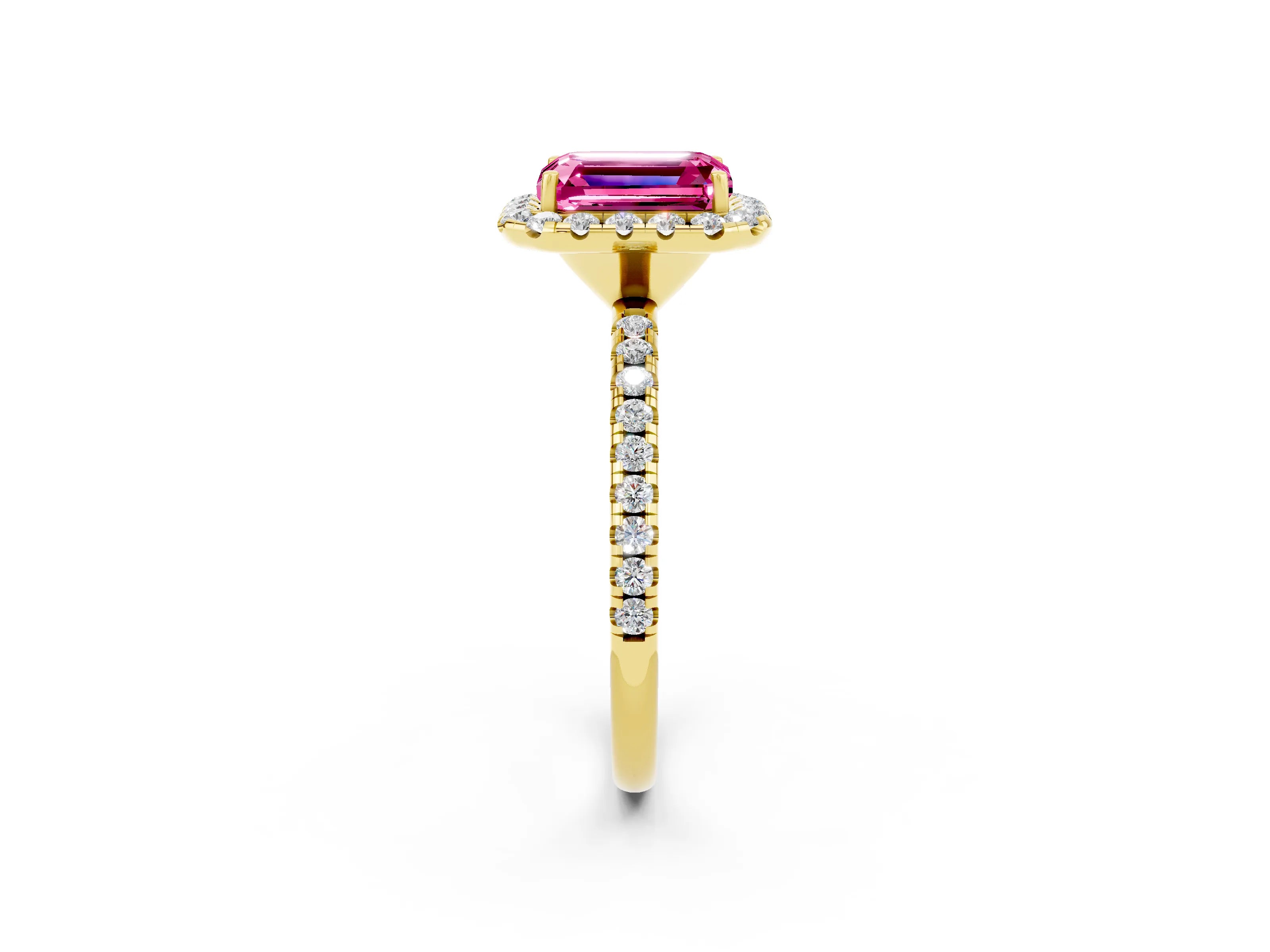 Yellow gold Emerald Cut Halo Round Diamond Pavé Band Four-Prong Ring_2