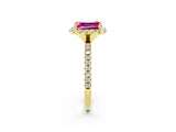 Yellow gold Emerald Cut Halo Round Diamond Pavé Band Four-Prong Ring_2