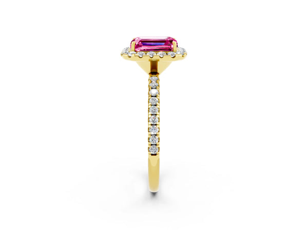 Yellow gold Emerald Cut Pink Sapphire Halo Ring with Round Pavé Band and Prong Setting