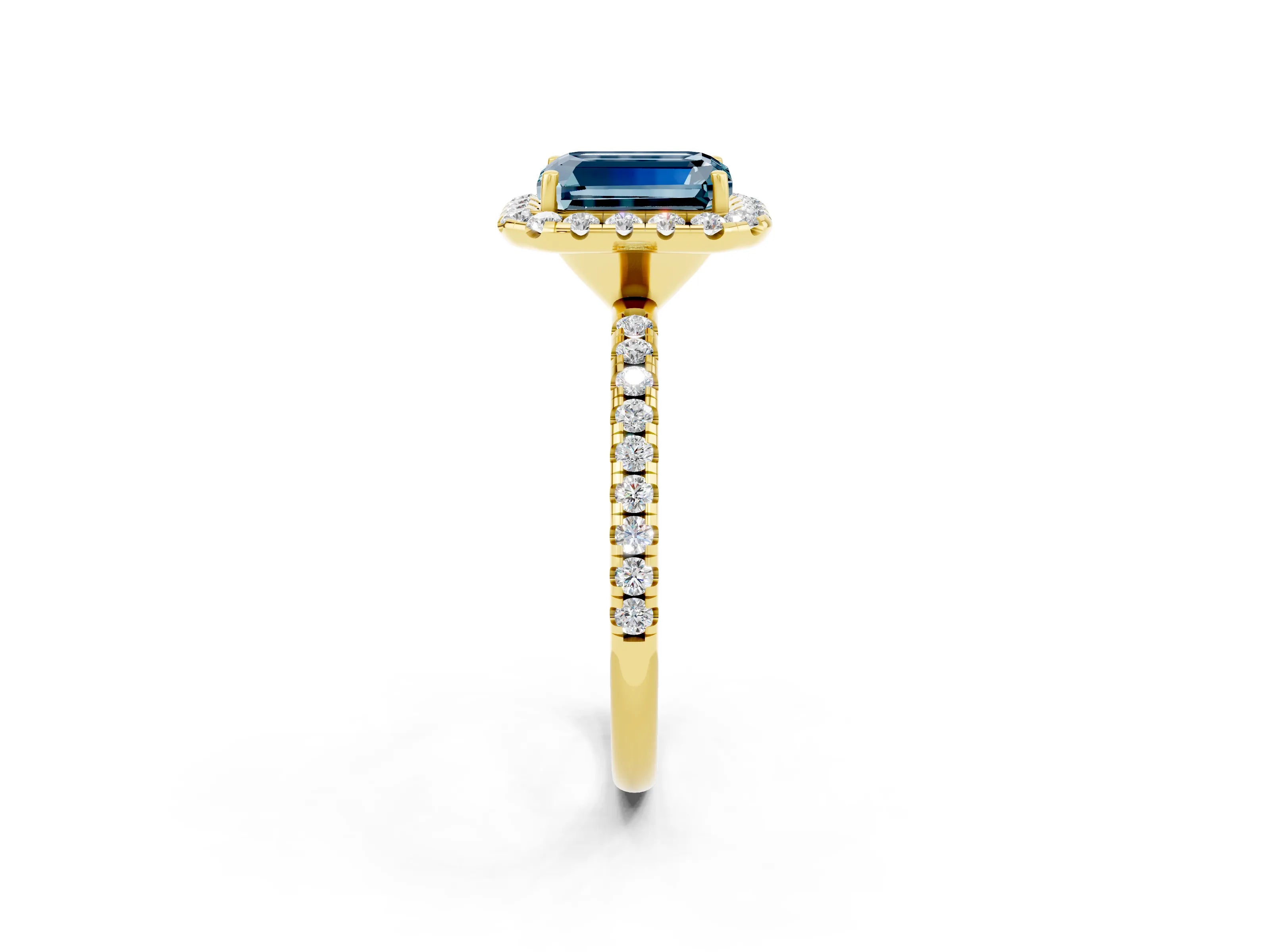 Yellow gold Emerald Cut Halo Round Diamond Pavé Band Four-Prong Ring_2