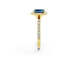 Yellow gold Emerald Cut Halo Round Diamond Pavé Band Four-Prong Ring_2
