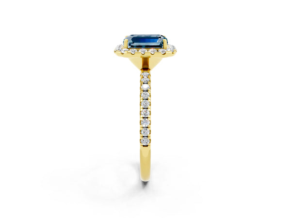 Yellow gold Emerald Cut Aquamarine Halo Ring with Round Pavé Band and Prong Setting