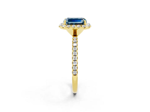 Yellow gold Emerald Cut Halo Round Diamond Pavé Band Four-Prong Ring_2