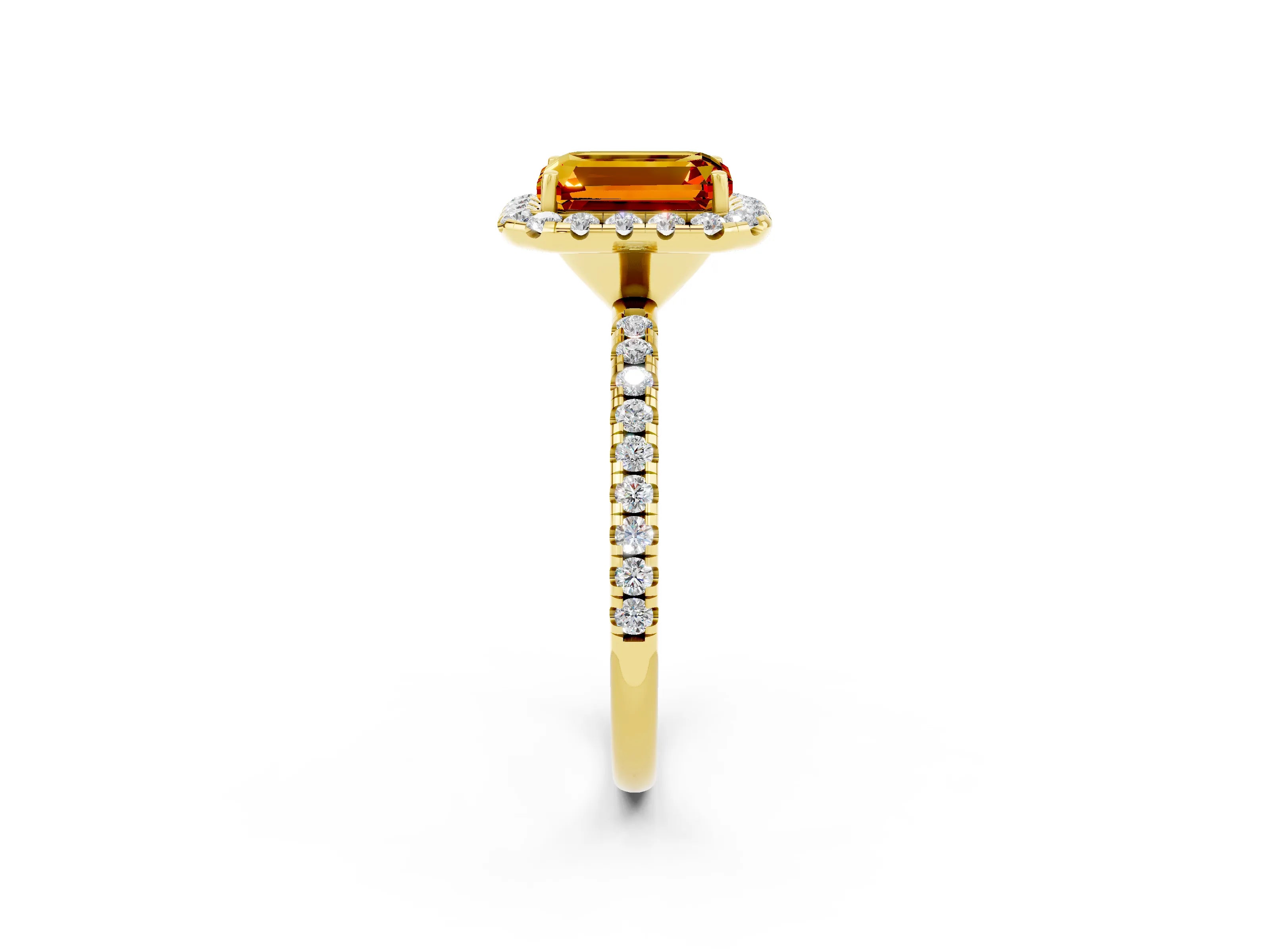 Yellow gold Emerald Cut Halo Round Diamond Pavé Band Four-Prong Ring_2